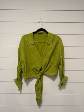 Zara Lime Green Tie-Front Blouse Long Sleeve Collared Bright S